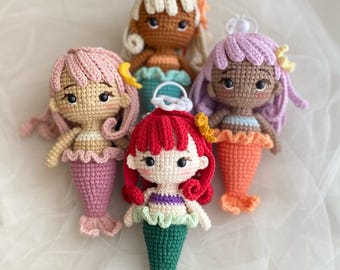 Llavero de princesa sirena, muñecas princesa, muñeca princesa amigurumi, muñeca princesa de ganchillo, muñecas hechas a mano, muñeca princesa hecha a mano