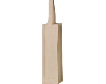 May include: A beige wine bottle tote bag made of a woven fabric. The bag has a rectangular shape with a handle at the top. The bag is designed to hold a single bottle of wine. The background is white.