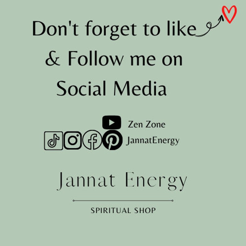 K&ouml;nnte beinhalten: Hellgr&uuml;ne Grafik mit dem Text "Vergiss nicht, mich zu liken und mir auf Social Media zu folgen." Enth&auml;lt Social-Media-Symbole f&uuml;r TikTok, Instagram, Facebook, Pinterest und YouTube. Der Text "Jannat Energy" und "SPIRITUAL SHOP" sind ebenfalls vorhanden.
