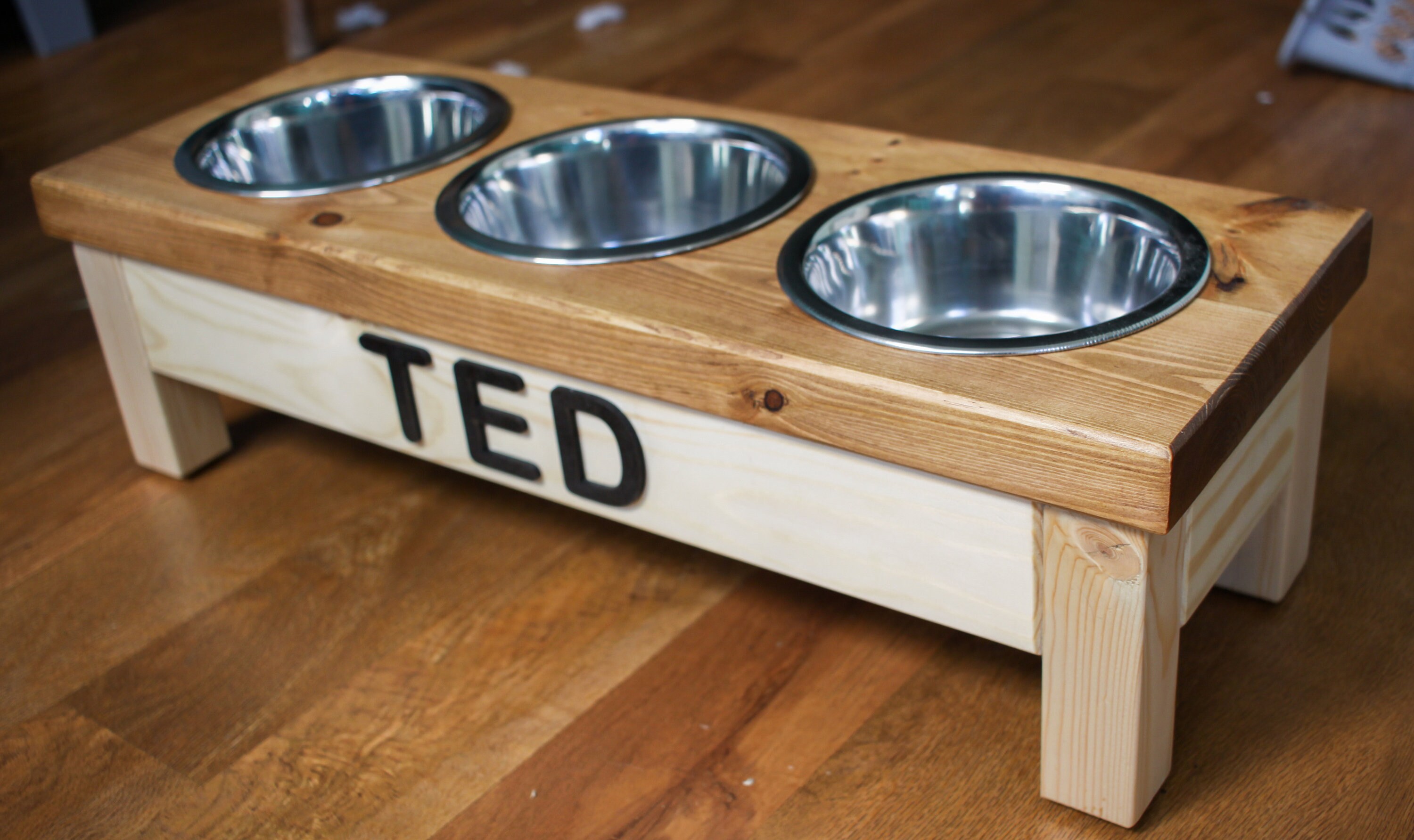 2 or 3 Bowl Dog Feeding Station, Personalized, Raised, Complete with