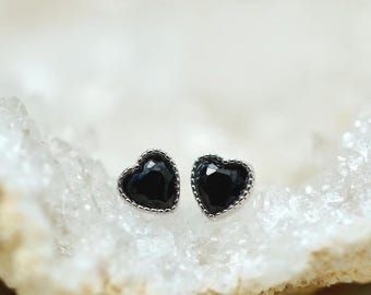 Natural Black Spinel Heart Stud Earrings: Solid Sterling Silver Minimalist Jewelry