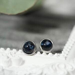 May include: A pair of stud earrings with dark blue, round stones set in silver-colored metal. The earrings are displayed on a white, ornate surface, with green leaves in the background.