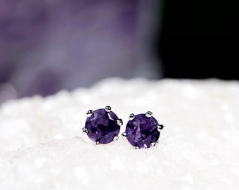 Natural Amethyst Stud Earrings, 925 Sterling Silver Amethyst Earrings, Amethyst Jewelry, February Birthstone Earrings, Gift for Her/Him