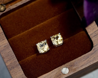 Natural Citrine Stud Earrings: 6mm Square Sterling Silver, November Birthstone