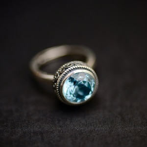 Natural Faceted Sky Blue Topaz Ring: Sterling Silver Adjustable Statement Ring