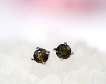 Dainty Natural Olive Green Tourmaline Stud Earrings: Sterling Silver, October Birthstone