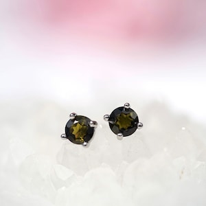 Dainty Natural Olive Green Tourmaline Stud Earrings: Sterling Silver, October Birthstone