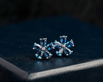 Natural London Blue Topaz Flower Stud Earrings: 925 Sterling Silver Floral Gemstone