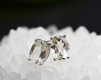 Natural Green Amethyst (Prasiolite) Sterling Silver Oval Stud Earrings
