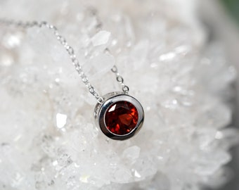 Natural Deep Red Garnet Bezel-Set Solitaire Necklace, Premium Silver Garnet Necklace, Garnet Gemstone Necklace, January birthstone necklace