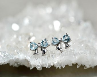 Lovely Natural Pale Blue Aquamarine Bow Stud Earrings | Premium Silver Aquamarine Earrings | Aquamarine Jewelry