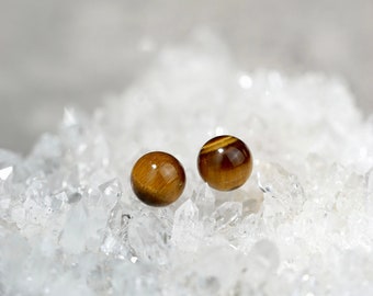 Natural Tiger's Eye Orb Stud Earrings, Premium Silver Earrings, Brown Gemstone Studs, Golden Brown Stone Earrings