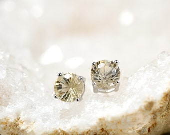 Dazzling, Natural Pale Yellow Citrine Stud Earrings, Premium Silver Earrings, 6mm Faceted Millennium Cut Round Citrine Earrings