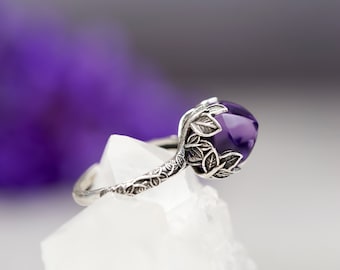 Natural Amethyst Ring: Sterling Silver, Adjustable Band, February Birthstone