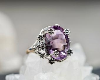 Vintage Style Amethyst Floral Ring: Adjustable Sterling Silver
