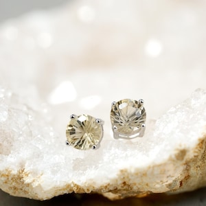 Dazzling, Natural Pale Yellow Citrine Stud Earrings, Premium Silver Earrings, 6mm Faceted Millennium Cut Round Citrine Earrings