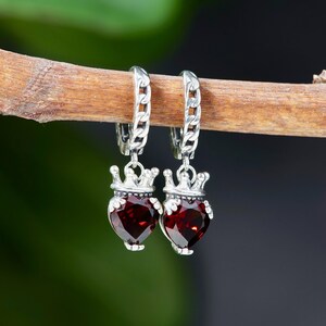 Natural Garnet Heart Crown Earrings: Solid Sterling Silver Dangle Hoop