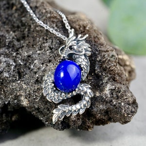Natural Lapis Lazuli Dragon Pendant Necklace: Sterling Silver Gemstone