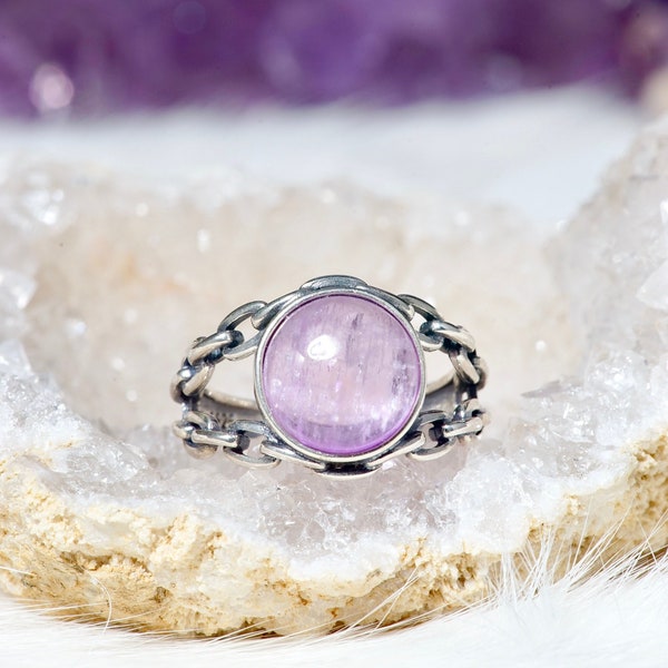 Natural Kunzite Modern-luxe Link Band Ring, Premium Silver Ring, Natural Gemstone Ring, Gift for Her/Him, Select Sizes (US Size)