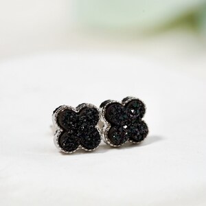 Natural Black Druzy Quartz Four-Leaf Clover Stud Earrings: Sterling Silver