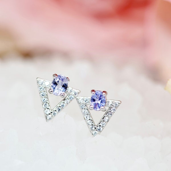 Tanzanite Earrings, Lavender-Blue Natural Tanzanite/Zoisite Stud Earrings, Premium Silver Tanzanite Earrings, December Birthstone