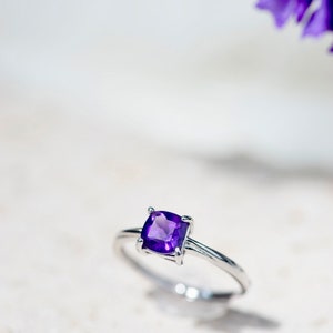 Sparkling, Natural Cushion Cut Deep Purple Amethyst Ring, Premium Silver Ring, Adjustable Ring, stacking rings, February Birthstone Ring image 3