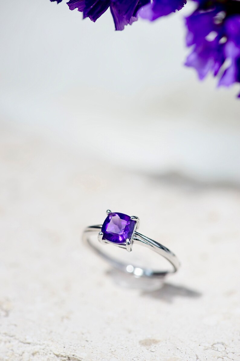 Sparkling, Natural Cushion Cut Deep Purple Amethyst Ring, Premium Silver Ring, Adjustable Ring, stacking rings, February Birthstone Ring image 3