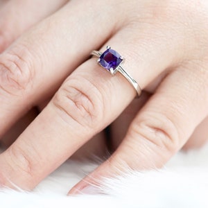 Sparkling, Natural Cushion Cut Deep Purple Amethyst Ring, Premium Silver Ring, Adjustable Ring, stacking rings, February Birthstone Ring image 2