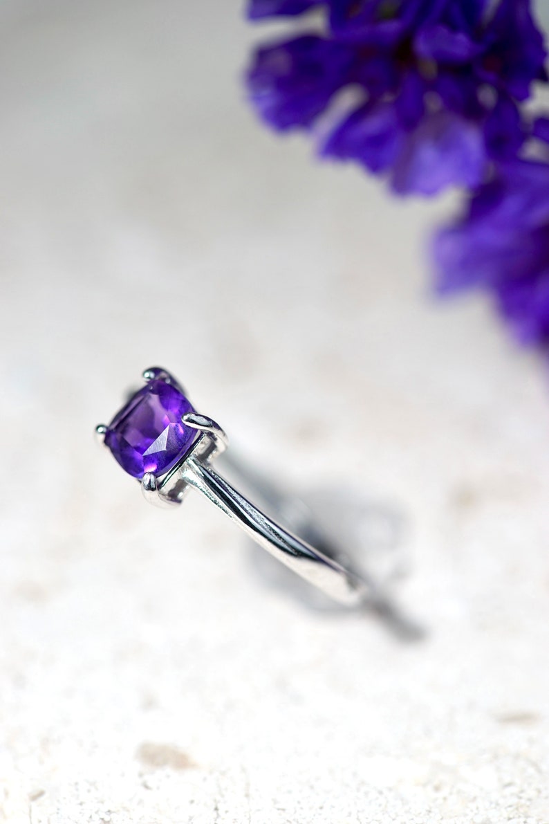 Sparkling, Natural Cushion Cut Deep Purple Amethyst Ring, Premium Silver Ring, Adjustable Ring, stacking rings, February Birthstone Ring image 4