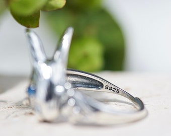 指輪・リング Rabbit Holding The Moon Ring Bunny Lover Moonstone Ring, Bunny Ring Silver Ring, Animal