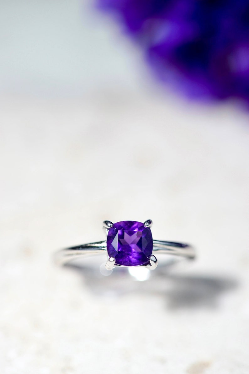 Sparkling, Natural Cushion Cut Deep Purple Amethyst Ring, Premium Silver Ring, Adjustable Ring, stacking rings, February Birthstone Ring image 1