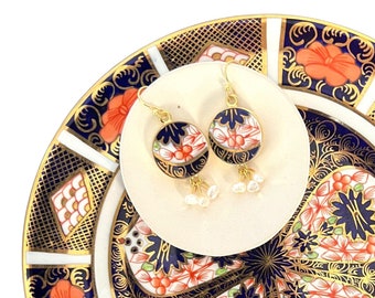 Boucles d'oreilles couronne royale Derby Imari en porcelaine faites à la main avec de la porcelaine recyclée, bijoux de luxe tendance Chine antique cadeau pour elle ces vacances