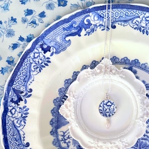 Unique Floral Blue Willow China Necklace upcycled with Chinoiserie Pottery, Thoughtful Broken China Jewelry 9th Anniversary Gift for Wife