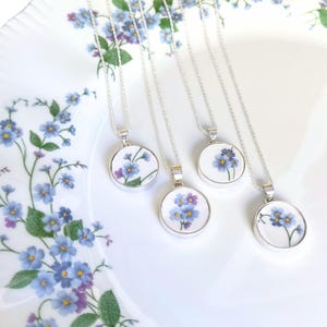 Romantic Forget Me Not Necklace made with Upcycled Vintage China & Sterling Silver, Thoughtful Blue Flower Broken China Jewelry Gift for Her