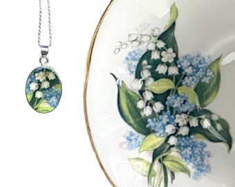 Lily of the Valley and Forget Me Not Flower China Necklace, Romantic 20th Wedding China Anniversary Gift for Wife, Broken China Jewelry