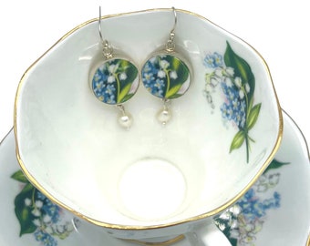 Royal Albert Broken China Jewelry Earrings handmade with Forget Me Not & Lily of the Valley China, Romantic Porcelain Earring Gift for Wife