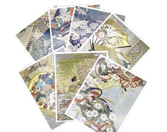 Japanese Greeting Card Set with Vintage Silk Kimono Fabric Photos, Thank You Card Pack handmade with Gold Obi Fabric, Blank Art Notecard Set