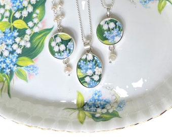 Vintage Royal Albert Broken China Jewelry Necklaces handmade with Lily of the Valley & Forget Me Not China, 20th Anniversary Gifts for Wife