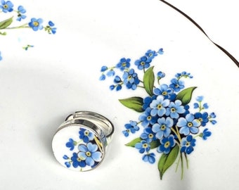 Dainty Forget Me Not China Ring handmade with Upcycled Porcelain, Broken China Jewelry Gift for Her 9th 18th 20th Wedding Anniversary Gift