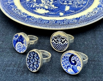 Broken China Jewelry Blue Willow China Rings handmade with Upcycled Porcelain & Sterling Silver, Vintage Chinoiserie Statement Ring Gift