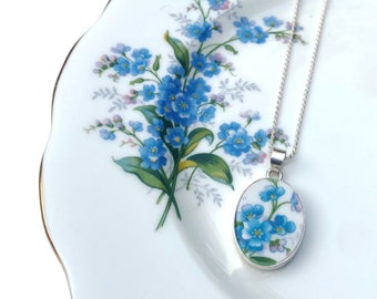 Vintage Royal Albert Forget Me Not Flower China Necklace handmade with Sterling Silver, Broken China Jewelry 20th Anniversary Gift for Wife