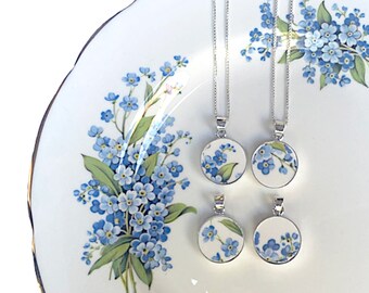 BROKEN CHINA NECKLACE Blue and White Floral Soldered Pendant with Brown Leather Necklace Cord