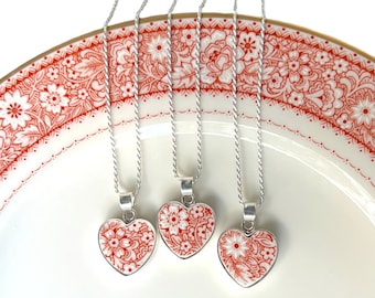 Dainty Heart China Necklace handmade with Upcycled Red White Floral China & Sterling Silver, Romantic Broken China Jewelry Christmas Gift