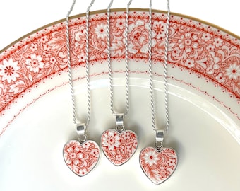 Vintage Dainty Heart China Necklace handmade with Upcycled Red and White Floral Porcelain & Sterling Silver, Broken China Jewelry Gift