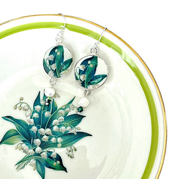 Vintage Lily of the Valley China Earrings handmade with Repurposed China & Emerald Swarovski, Broken China Jewelry Gift for Her May Birthday