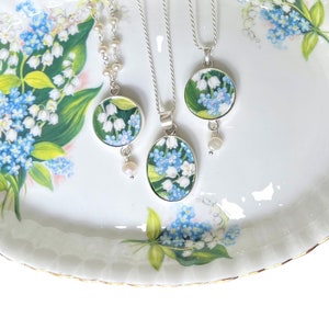Vintage Royal Albert Broken China Jewelry Necklaces handmade with Lily of the Valley & Forget Me Not China, 20th Anniversary Gifts for Wife