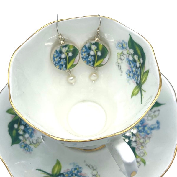 Pendientes de joyería Royal Albert Broken China hechos a mano con No me olvides y Lirio del valle China, regalo romántico de pendiente de porcelana para ella