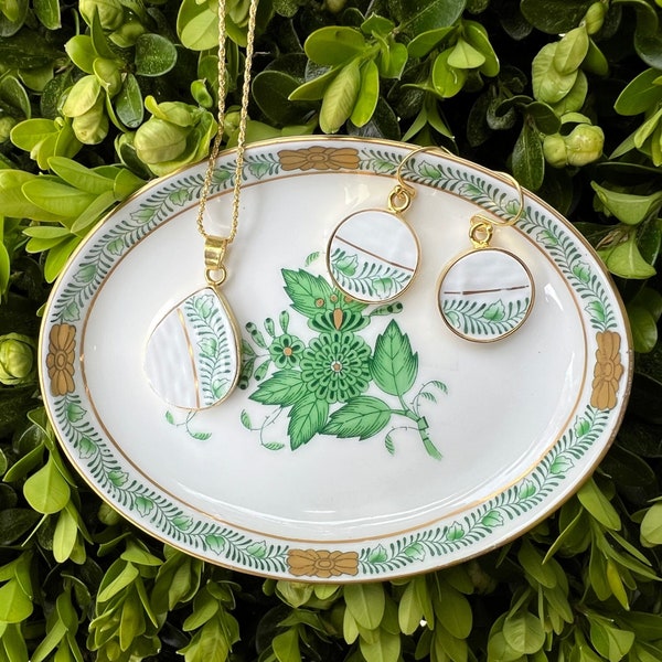 Antique Herend Porcelain Necklace and Earrings handmade with Upcycled Chinese Bouquet China, Broken China Jewelry & Ring Trinket Dish Gift