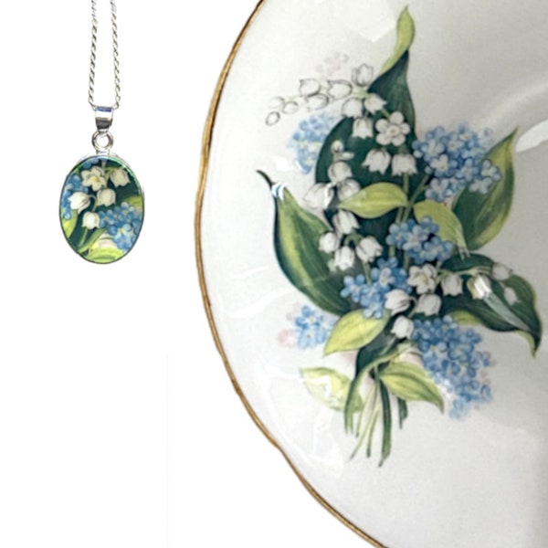 Lily of the Valley and Forget Me Not Flower China Necklace, Romantic 20th Wedding China Anniversary Gift for Wife, Broken China Jewelry