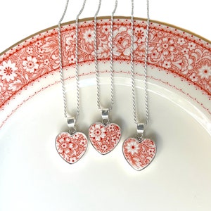 Small Heart Necklace upcycled with Vintage Red and White Porcelain & Sterling Silver, Romantic Broken China Jewelry Birthday Gift for Women